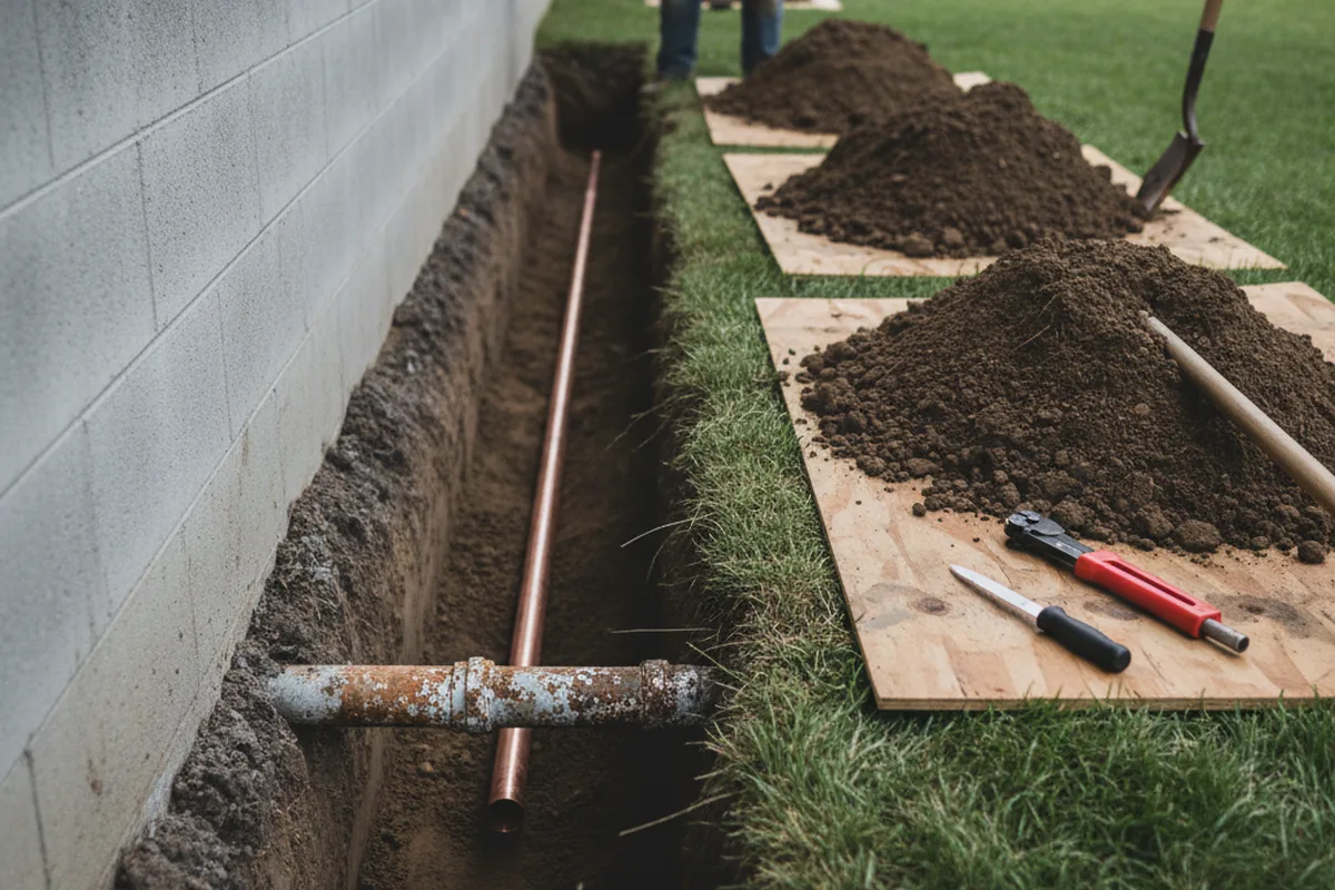Excavated water line trench during Water Softener Installation in Talisheek